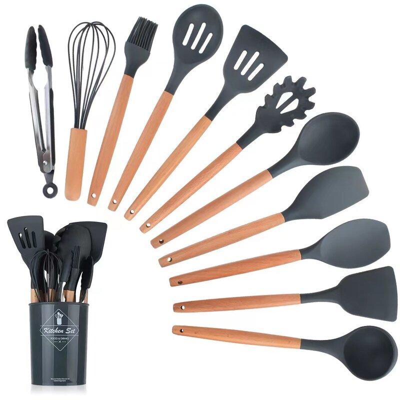 Silicone Kitchenware Set Manufacturer - OEM 12-Piece Multifunctional Wooden Handle