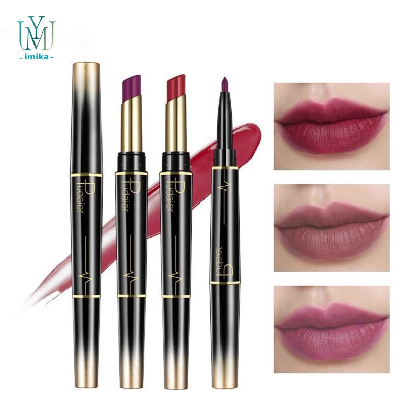 2 in 1  Semi-Matte Lipstick Lip Liner Non-stick Cup Moisturizing Double-ended Fashion Lipstick Rotating Lip Balm