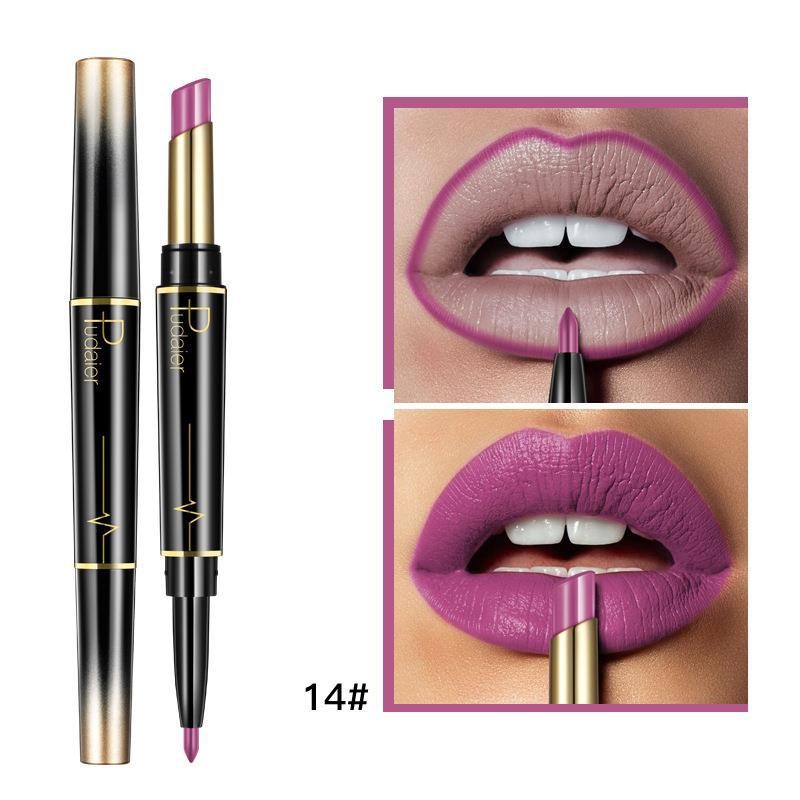 2 in 1  Semi-Matte Lipstick Lip Liner Non-stick Cup Moisturizing Double-ended Fashion Lipstick Rotating Lip Balm