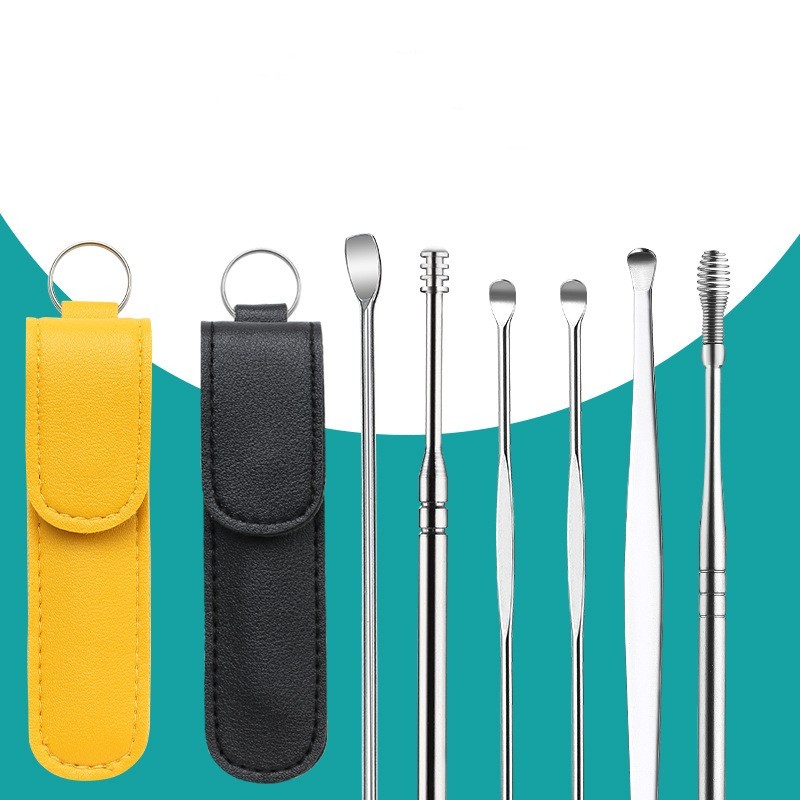 Ear Picking Tool Leather Bag 6-Piece Set Double-headed Spiral Ear Spoon Cleaning Tools