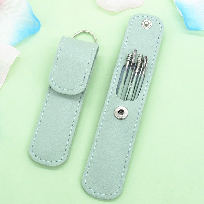 Reusable Portable Stainless Steel 6-piece Set Portable Spiral Leather Bag Ear Spoon Set Ear Picking Tool