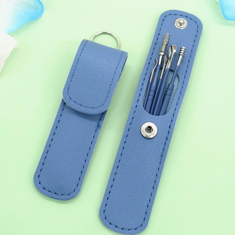 Reusable Portable Stainless Steel 6-piece Set Portable Spiral Leather Bag Ear Spoon Set Ear Picking Tool