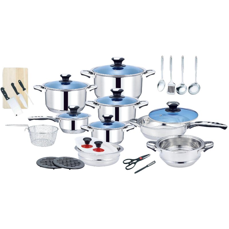 Cooking Set Manufacturer - OEM Hot Selling Stainless Steel 30Pcs with Blue Glass Lid