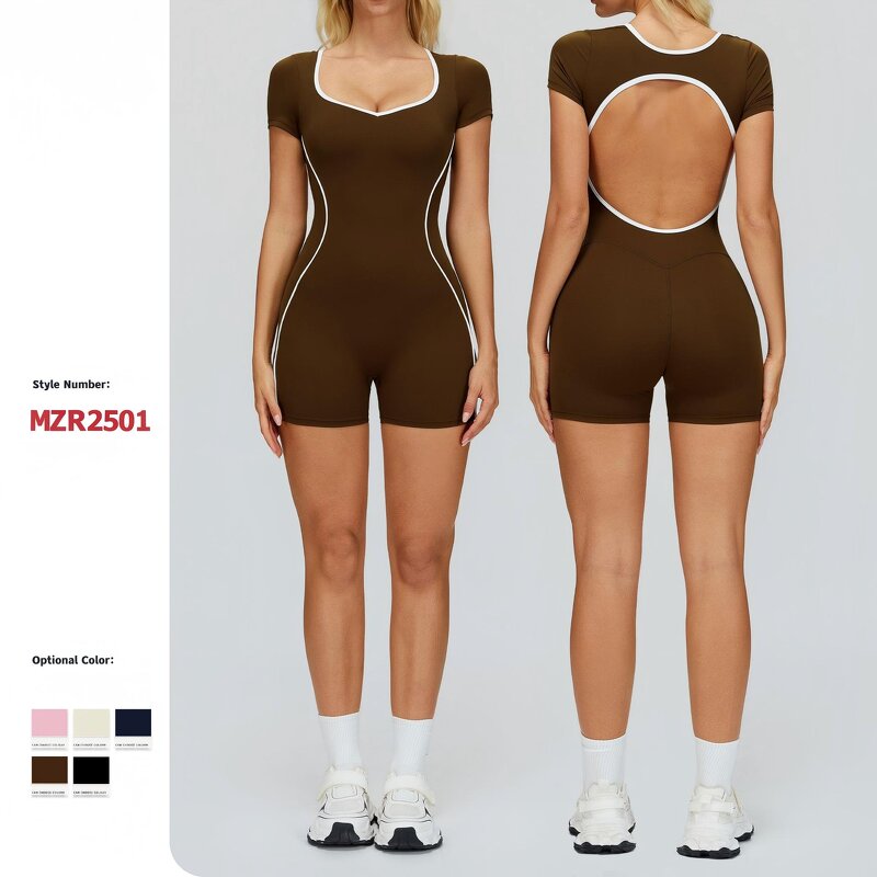 Gym Bodysuit Factory - OEM Custom Logo Women Open Back Color Blocking Fitness Jumpsuit