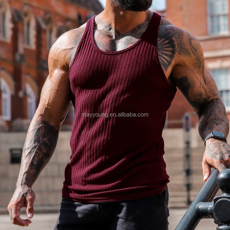 Cotton Tank Tops Manufacturer - OEM Custom 100% Logo Printed Knitting Stripes Gym Vest