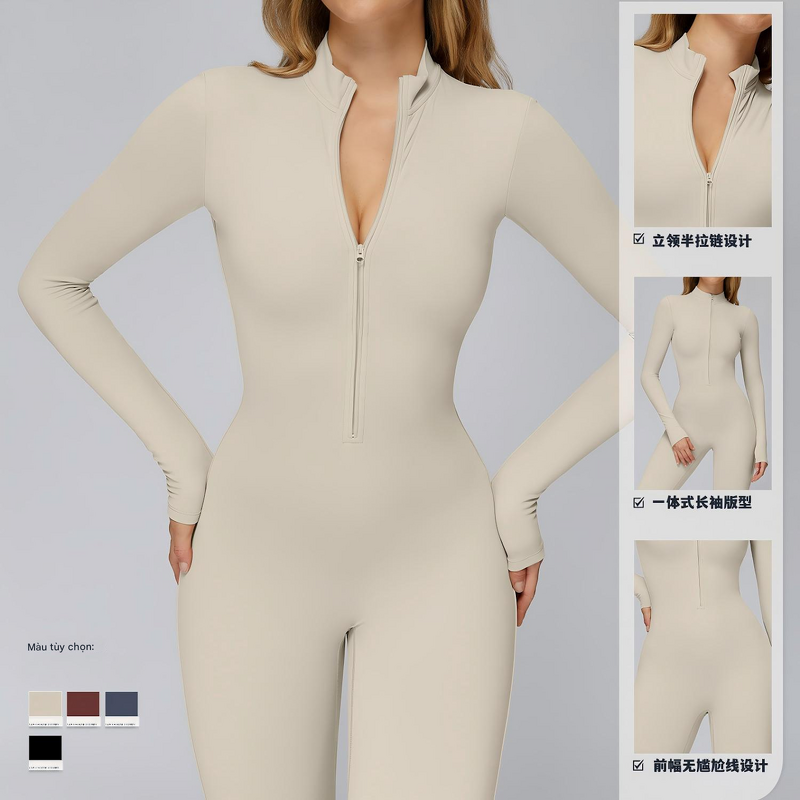 Yoga Bodysuit Factory - OEM Women Zipper Jumpsuit Long Sleeve Comfortable Stretchy