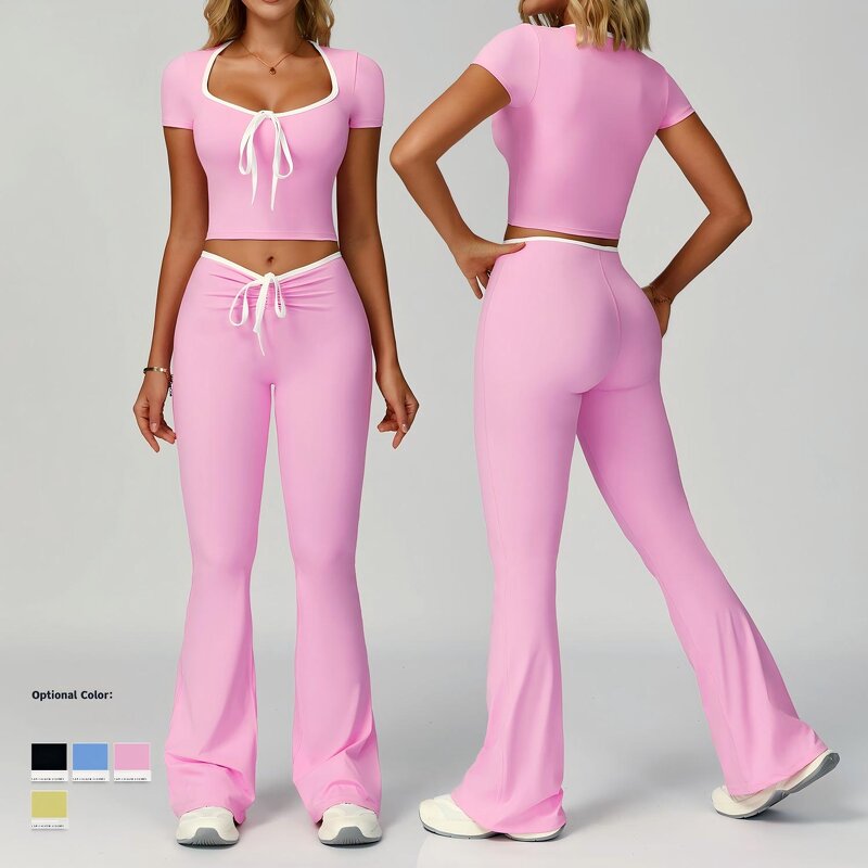 Lounge Outfits Factory - OEM Women's 3 Piece Slim Short Sleeve Low Rise Leggings Sets