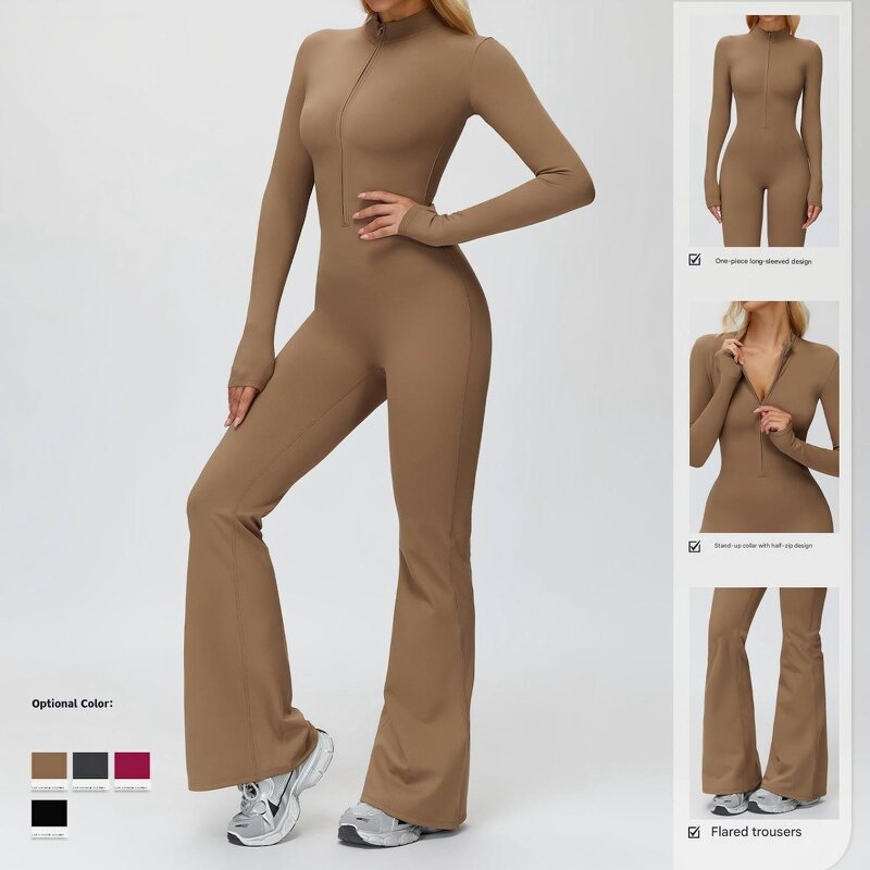 Winter Jumpsuit Manufacturer - OEM Women Long Sleeve Zip-up Stand Collar Fleece Wide Leg