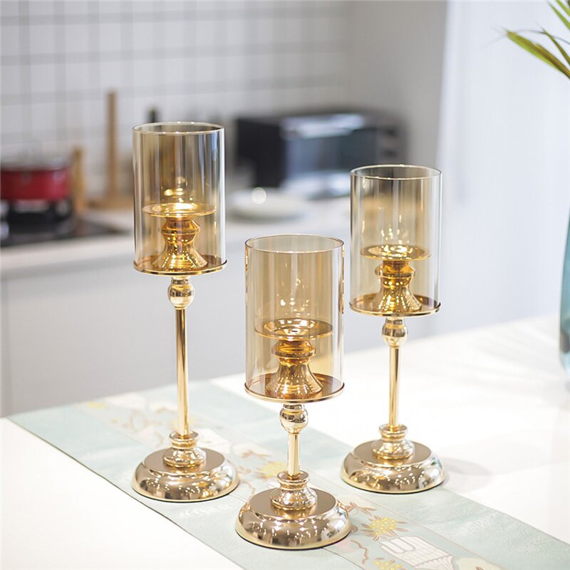 Pillar Candle Holder Manufacturer - OEM Nordic Romantic Metal Glass Golden for Wedding