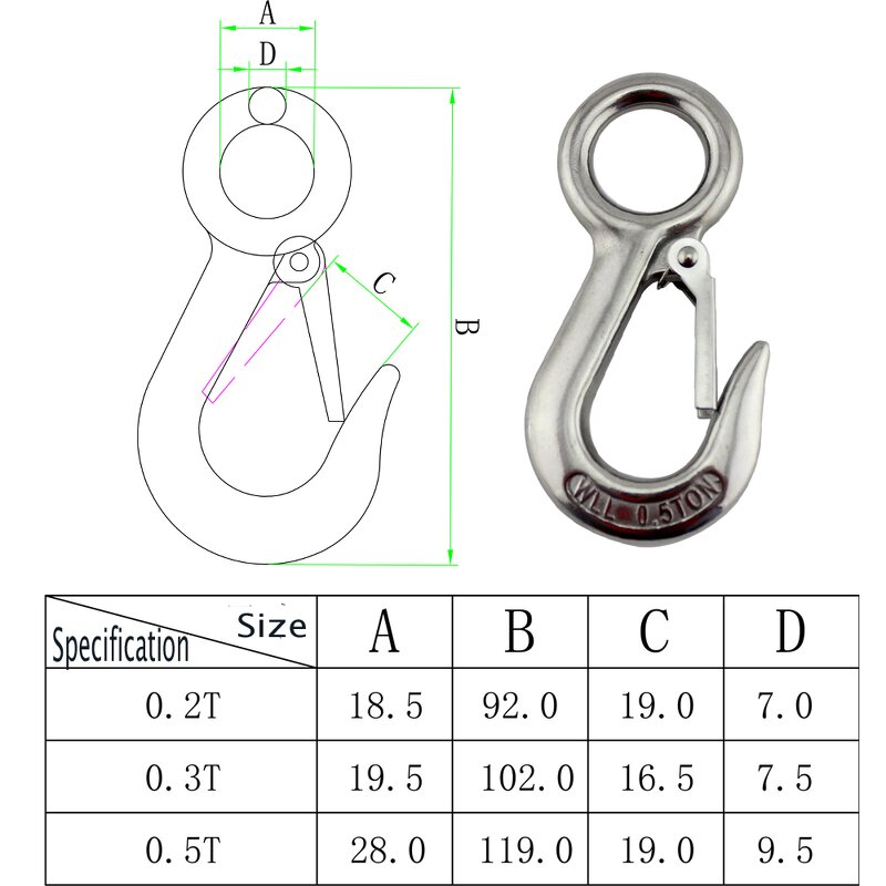Crane Hook Manufacturer - OEM Heavy Duty Stainless Steel Large Eye Spring Latched 0.3 T