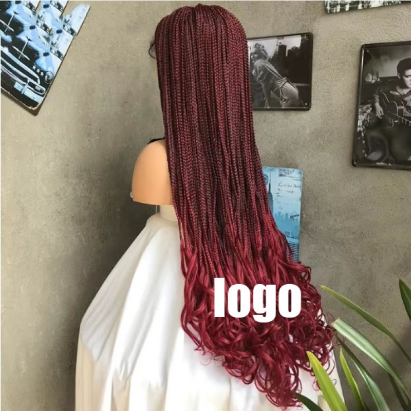 African Wig Chemical Fiber Three Strands Braided Long Curly Hair Front Lace Headpiece 34" Box Braided Lace Wigs