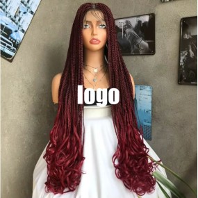 African Wig Chemical Fiber Three Strands Braided Long Curly Hair Front Lace Headpiece 34" Box Braided Lace Wigs