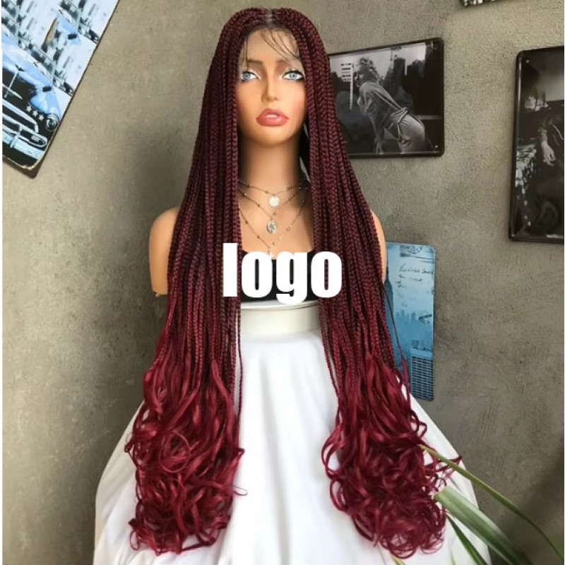 African Wig Chemical Fiber Three Strands Braided Long Curly Hair Front Lace Headpiece 34" Box Braided Lace Wigs