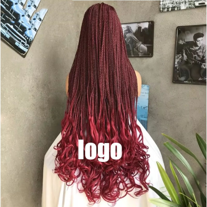 African Wig Chemical Fiber Three Strands Braided Long Curly Hair Front Lace Headpiece 34" Box Braided Lace Wigs