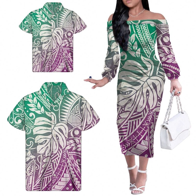 Gradient Green Dresses Manufacturer - OEM Matching Men Shirt Kids Shirt Polynesian