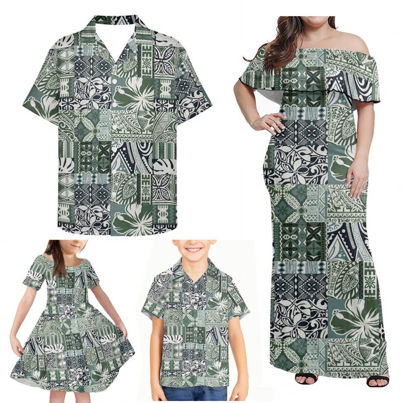 Family Matching Clothes Manufacturer - OEM Polynesian Tribal Blue Yellow Hibiscus Samoan