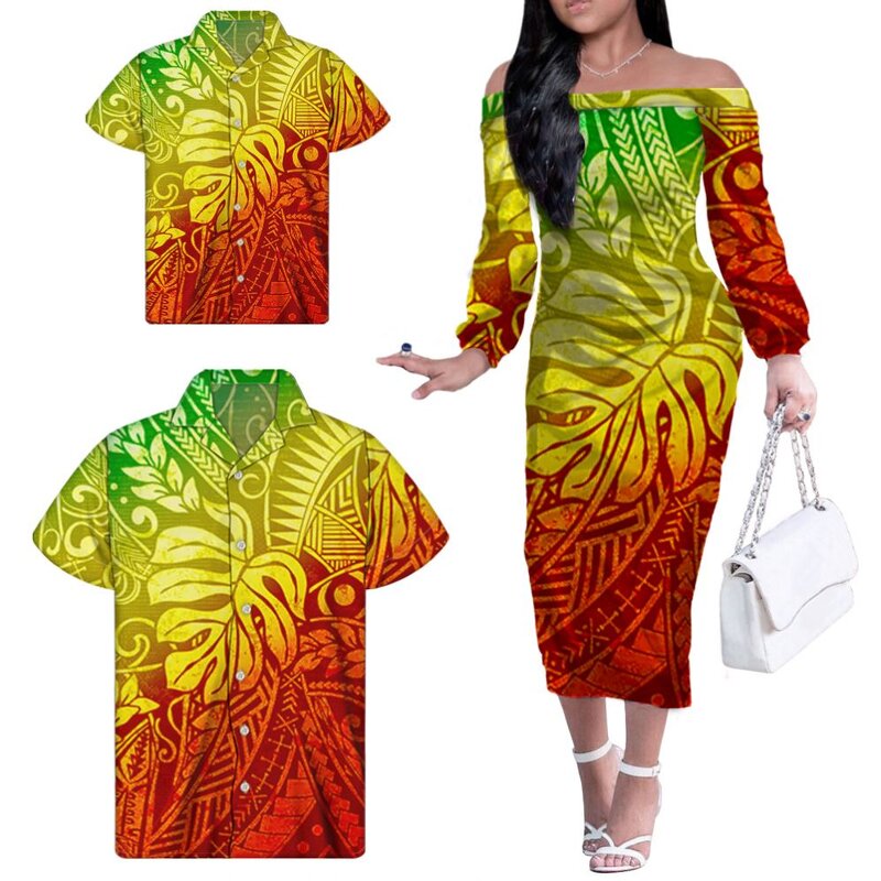 Gradient Green Dresses Manufacturer - OEM Matching Men Shirt Kids Shirt Polynesian