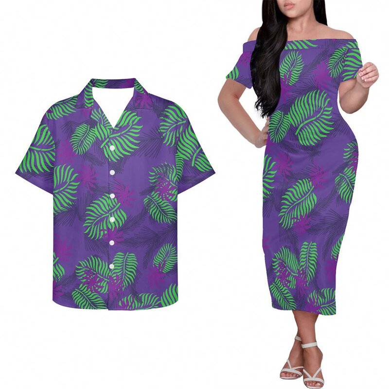 Couples Matching Clothes Factory - OEM Polynesian Tribal Blue Frangipani Print Custom