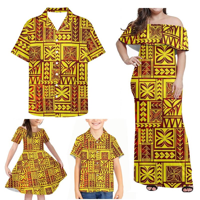 Family Matching Clothes Manufacturer - OEM Polynesian Tribal Blue Yellow Hibiscus Samoan