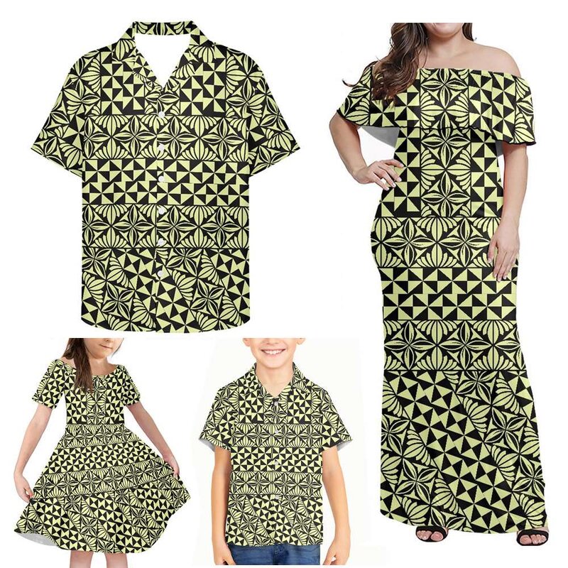 Family Matching Clothes Manufacturer - OEM Polynesian Tribal Blue Yellow Hibiscus Samoan