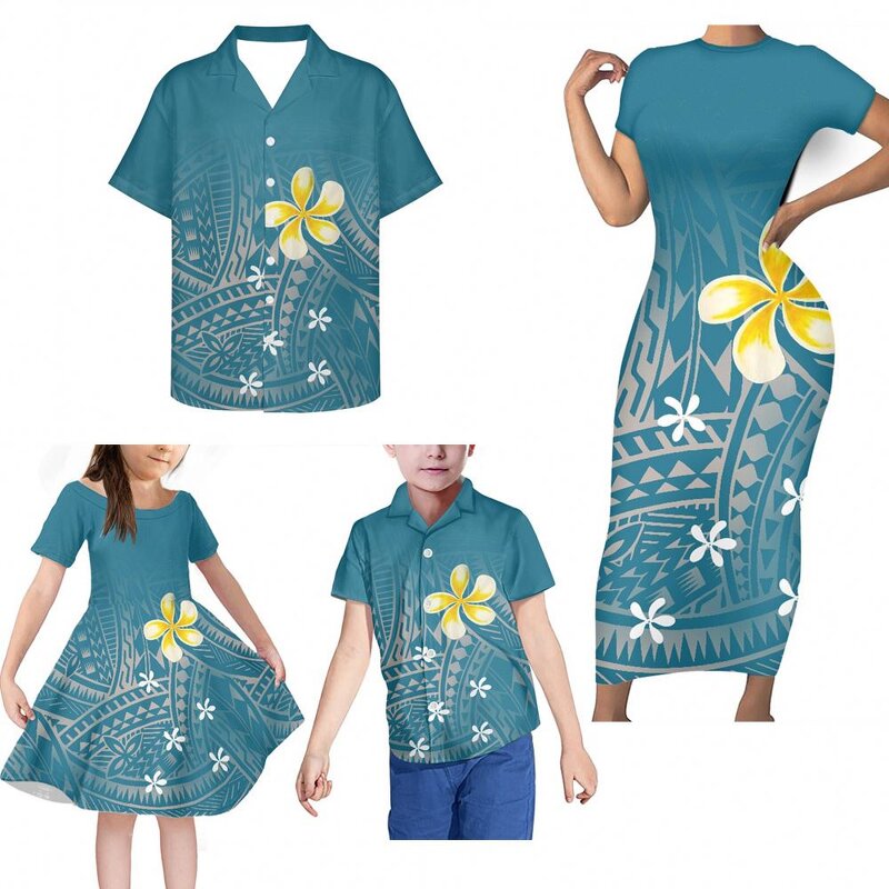 Family Clothing Outfits Factory - OEM Girls' Clothing Sets Polynesian Tribal Blue White