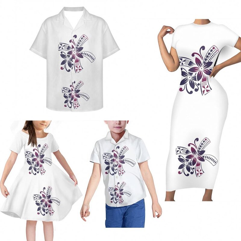 Family Clothing Outfits Factory - OEM Girls' Clothing Sets Polynesian Tribal Blue White