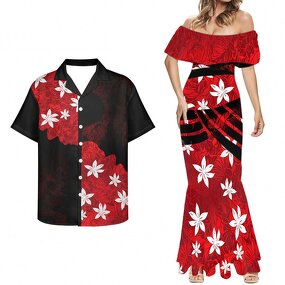 Couples Outfits Shirts Manufacturer - OEM Print Demand Polynesian Tribal Hawaiian Red