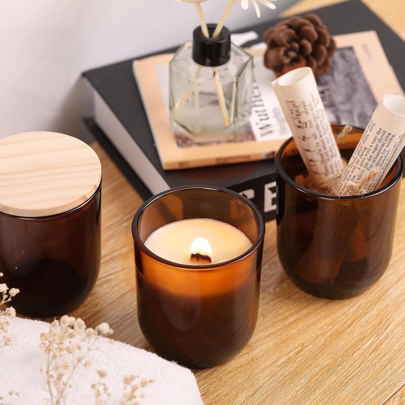 Amber Glass Candle Jars Manufacturer - OEM 180-300ml with Bamboo Lids Airtight Vessels