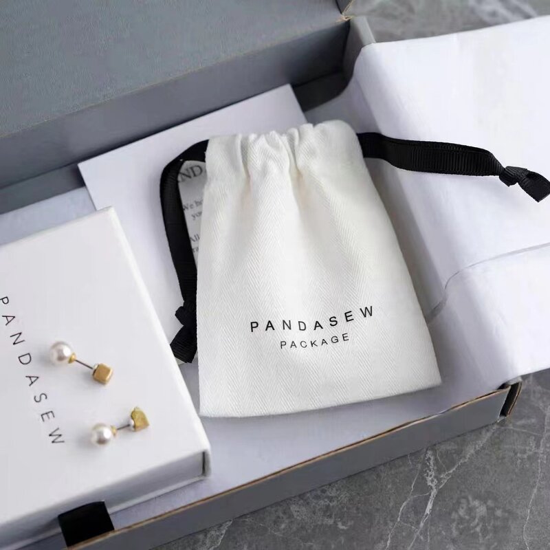 Custom Logo White Earring Cotton Bag Factory - OEM with Ribbed Band Makeup Linen Pouch