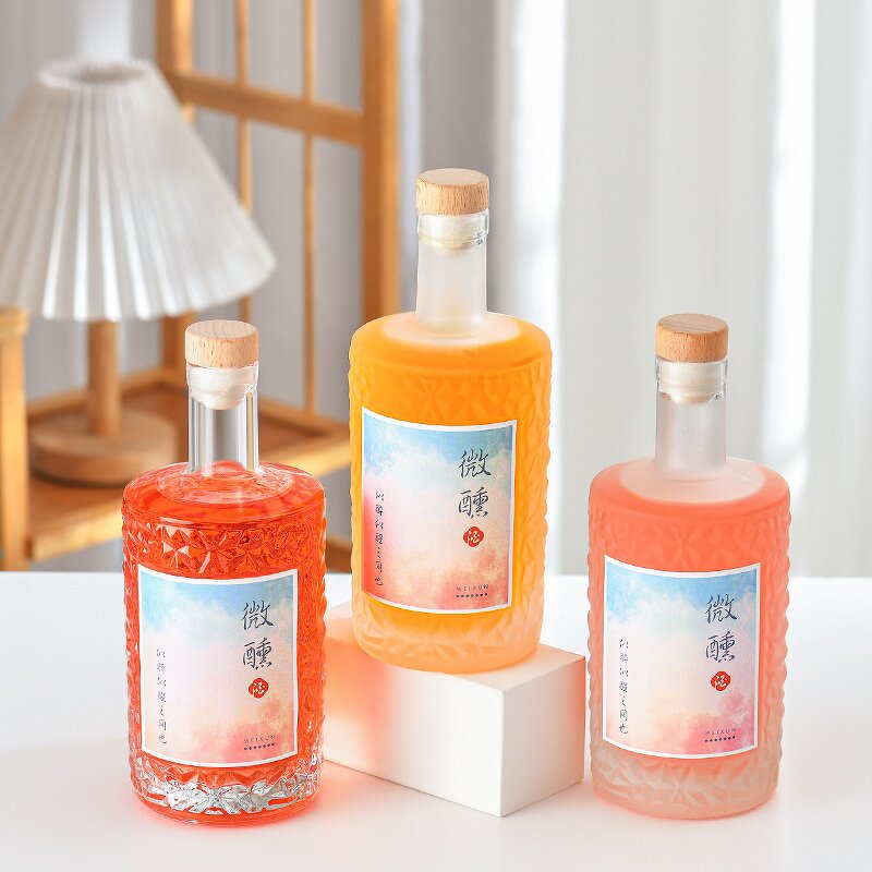 Clear Frosted Glass Bottle Manufacturer - OEM Custom 500ml 16oz Fruit Wine Liquor with Cork
