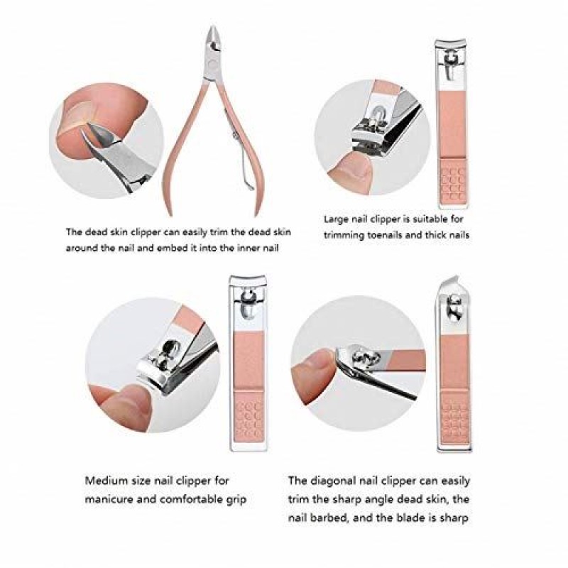 High Quality Professional French Manicure Set Nail Clippers Kit Pedicure with Rose Gold Pu Leather case