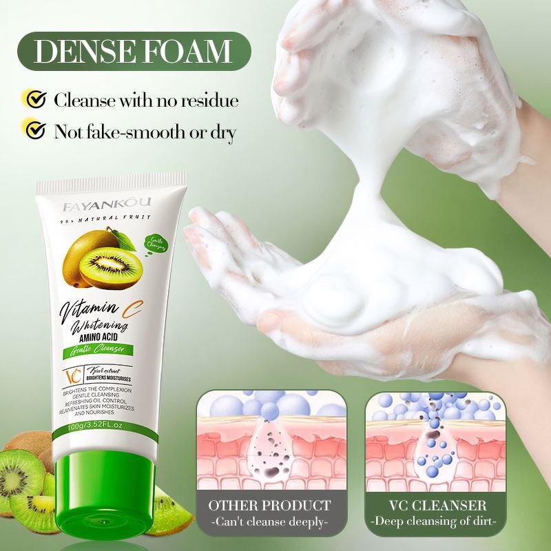 OEM Wholesale FAYANKOU Vegan Amino Acid Refreshing Oil Control Gentle Hyaluronic Acid Organic Kiwi VC Whitening Facial Cleanser