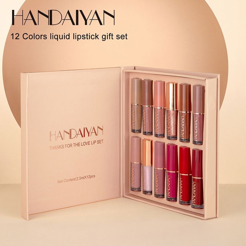 HANDAIYAN 12 Colors Matte Glitter Lipgloss Set Liquid Vegan Makeup Cosmetic Custom Private Label Lip Tint