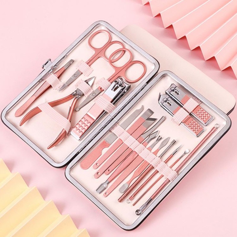 High Quality Professional French Manicure Set Nail Clippers Kit Pedicure with Rose Gold Pu Leather case
