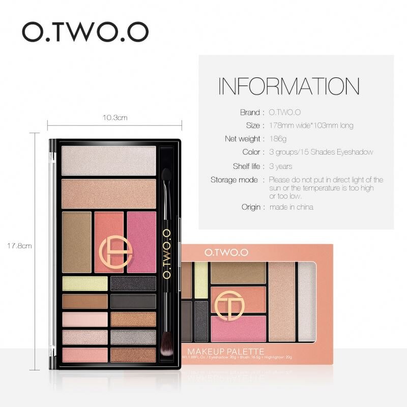 new O.TWO.O New Eyeshadow Highlighter 15 Shades With Brush Contour 3 in 1 Palette Glitter Blush