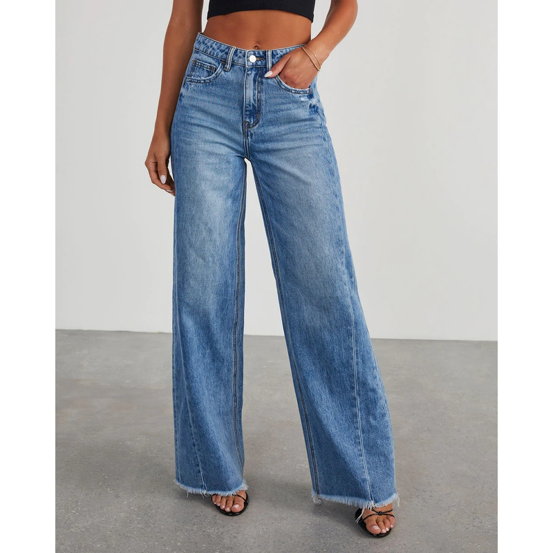 Women's Jeans Supplier - Custom Loose Straight Denim with Frayed Hem