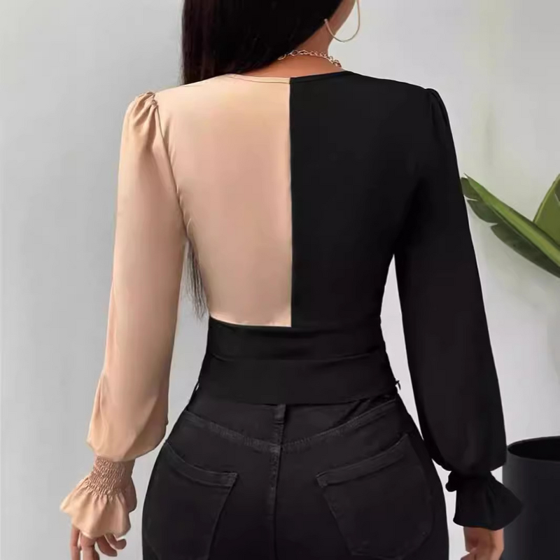 Women's Shirt Factory - Custom V-Neck Color-Blocked Blouse