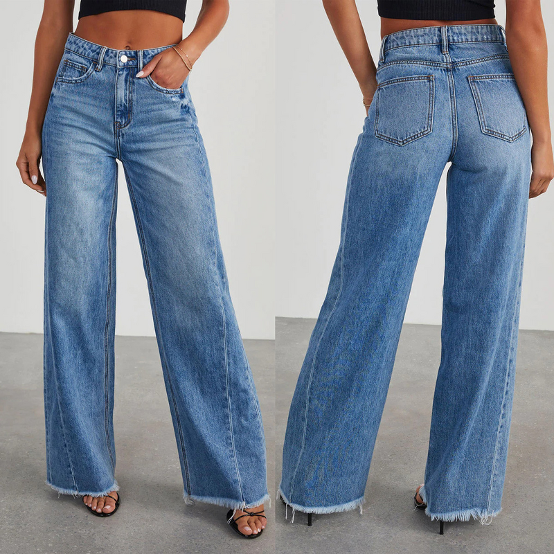 Women's Jeans Supplier - Custom Loose Straight Denim with Frayed Hem