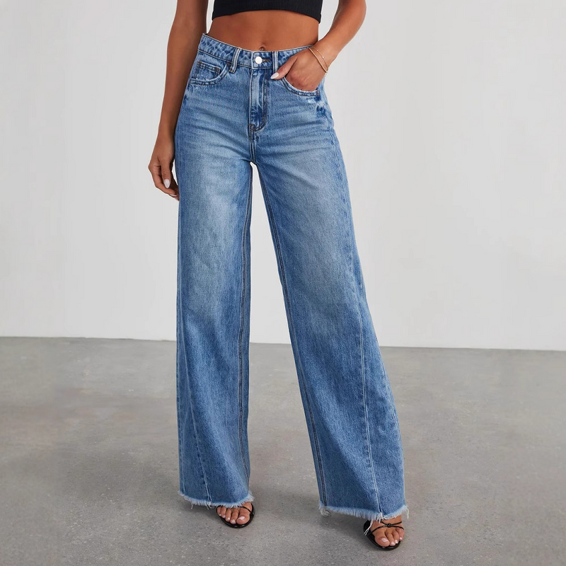 Women's Jeans Supplier - Custom Loose Straight Denim with Frayed Hem