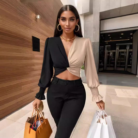 Women's Shirt Factory - Custom V-Neck Color-Blocked Blouse