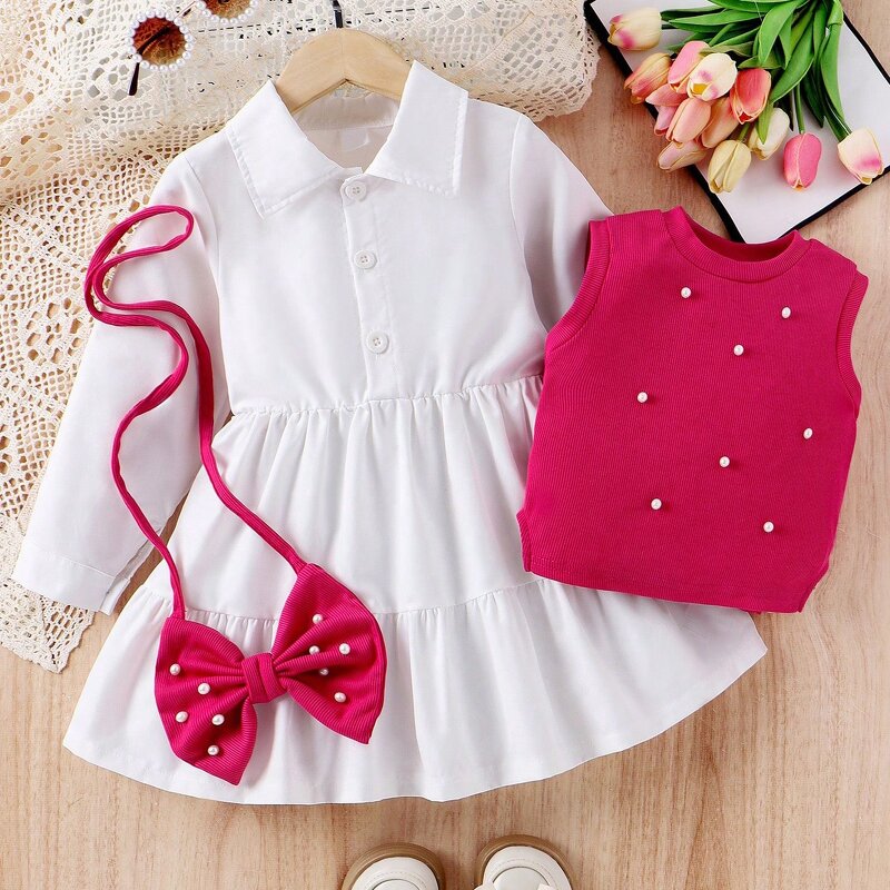 Girls Dress Set Factory - OEM 3pcs Knitted Vest Shirt Dress