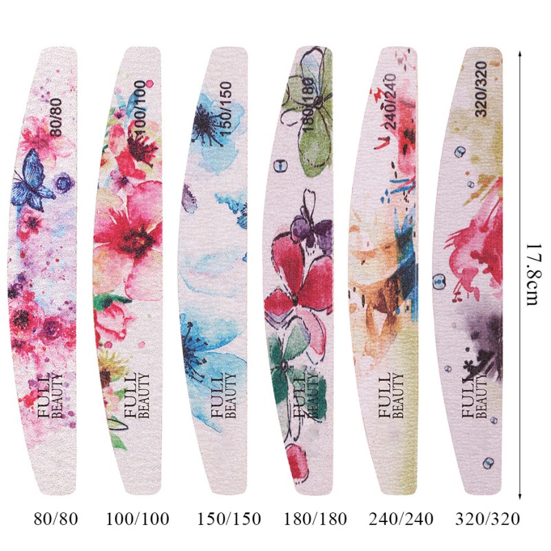 Full Beauty 100/180/240 Custom logo Printed Half Moon Foam Nail File Professional Sponge Polishing Nail Buffer Nail File