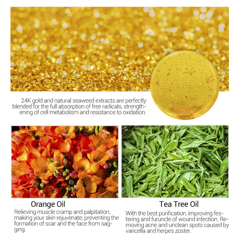 Handmade 24K Gold Soap Organic Seaweed Essential Oil Deep Cleansing and Whitening Solid Bar with Herbal Ingredients