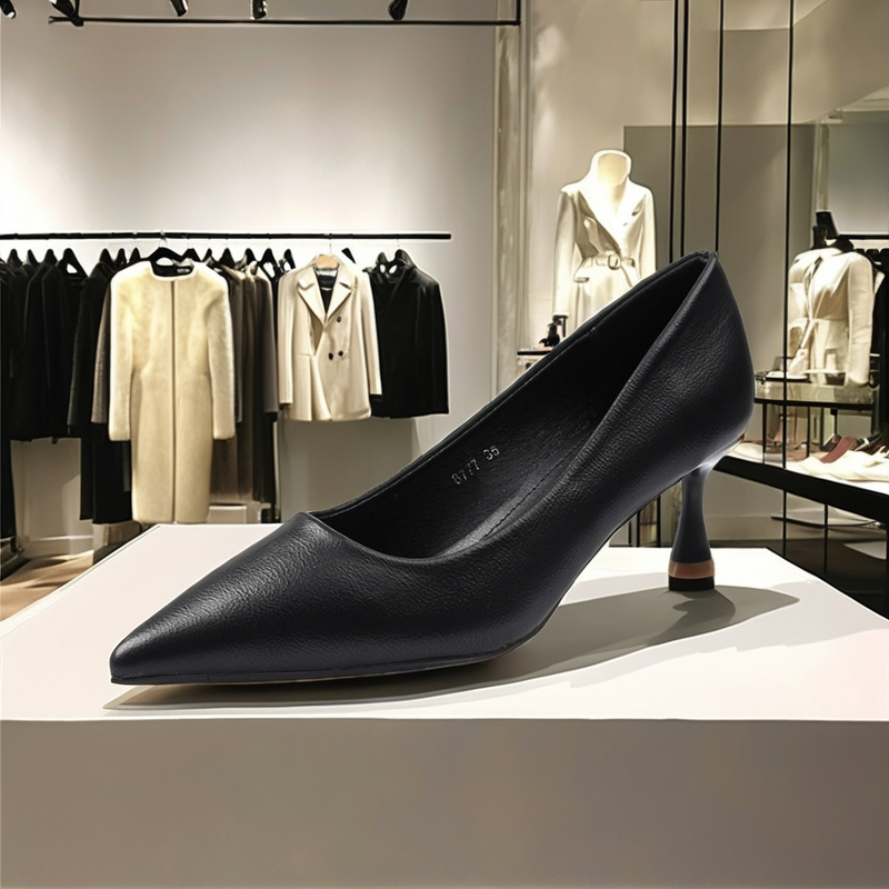 Pump Shoes Factory - OEM Women's Mid Black Pointed Toe PU