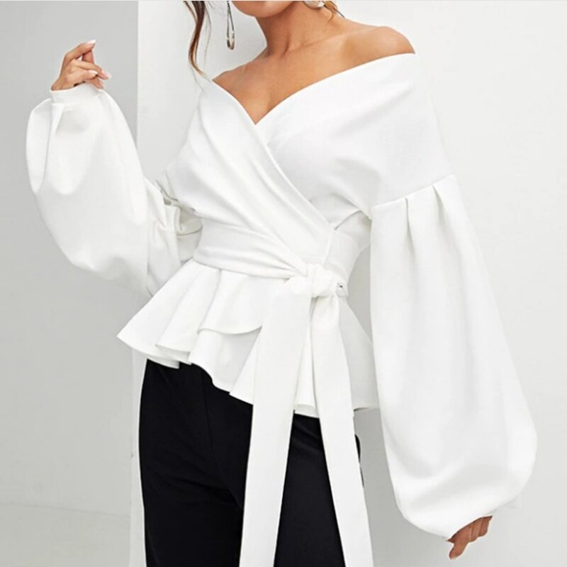 Blouse Supplier - OEM Women's Long Sleeve Wrap V-Neck White