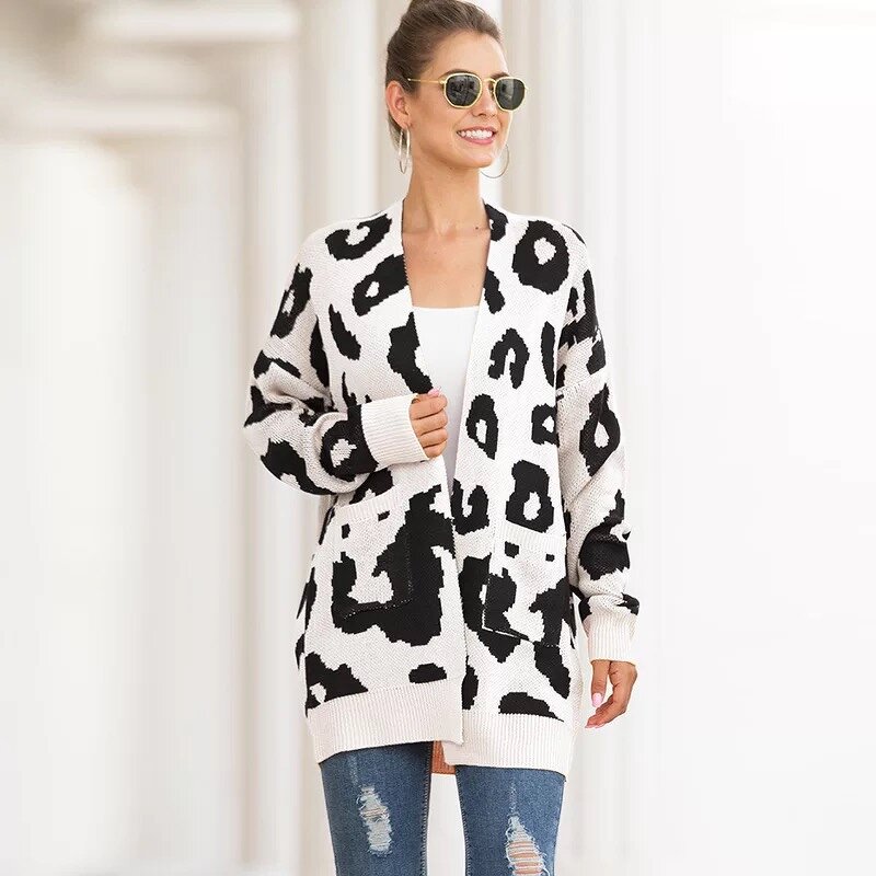 Cardigan Supplier - OEM Winter Leopard Jacquard Open Front Coat