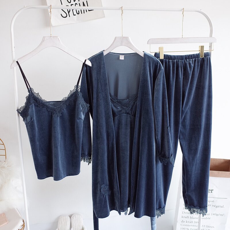 Pajamas Set Supplier - OEM Gold Velvet 3 Pieces Lace Robe