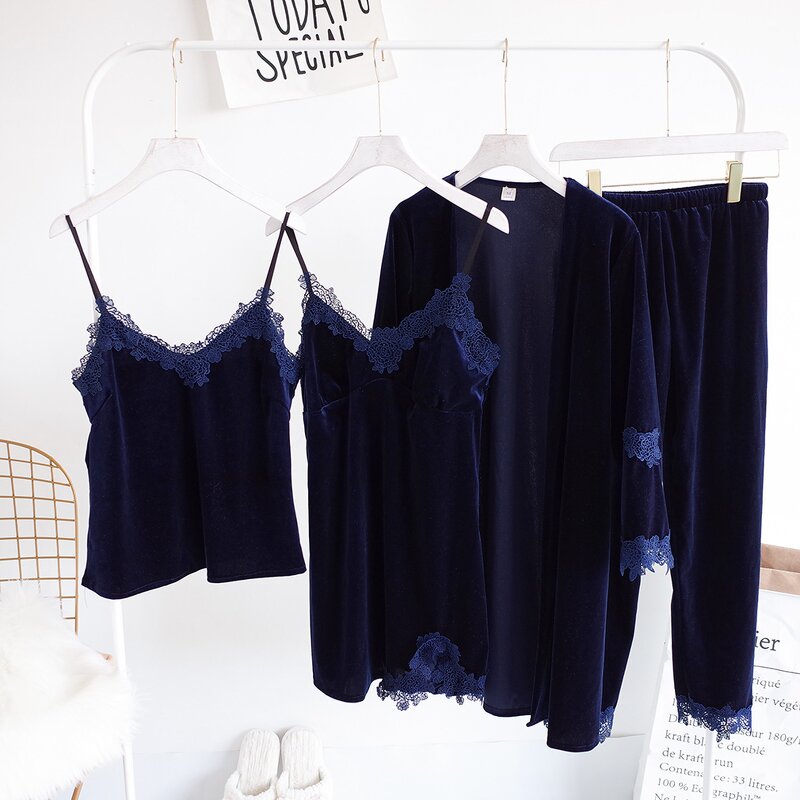 Pajamas Set Supplier - OEM Gold Velvet 3 Pieces Lace Robe