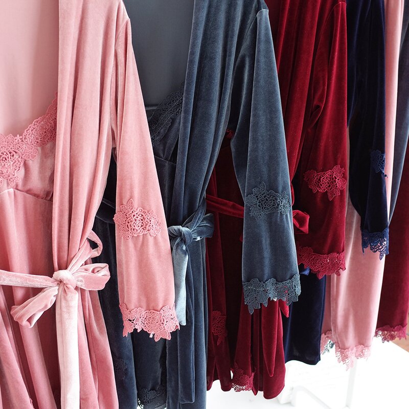 Pajamas Set Supplier - OEM Gold Velvet 3 Pieces Lace Robe