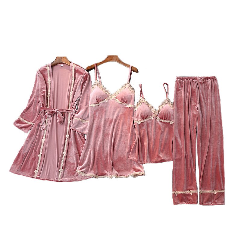 Pajamas Set Factory - OEM Gold Velvet 4 Pieces Lace Robe